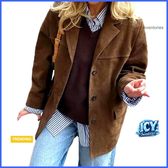 Faux Suede Oversized Blazer Jacket Button Down Lapel Trench Coat